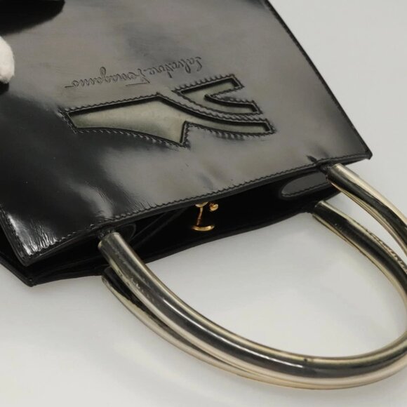 Salvatore Ferragamo Hand Bag Enamel Black Auth - Picture 11 of 16